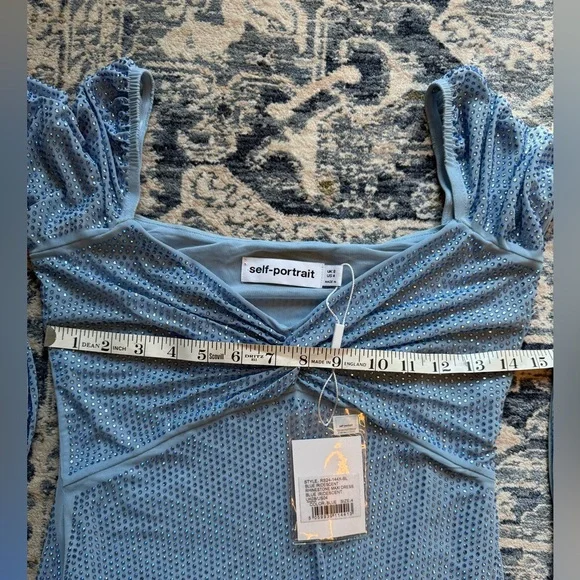 Self-Portrait Iridescent Blue Crystal Rhinestone Long Sleeve Maxi Gown Size 4 - Picture 15 of 16